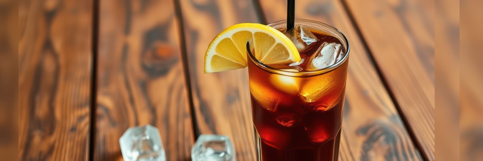Refreshing iced tea with lemon slice in glass on rustic wooden table